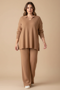 Camel ribgebreide loungewear set - voorkant