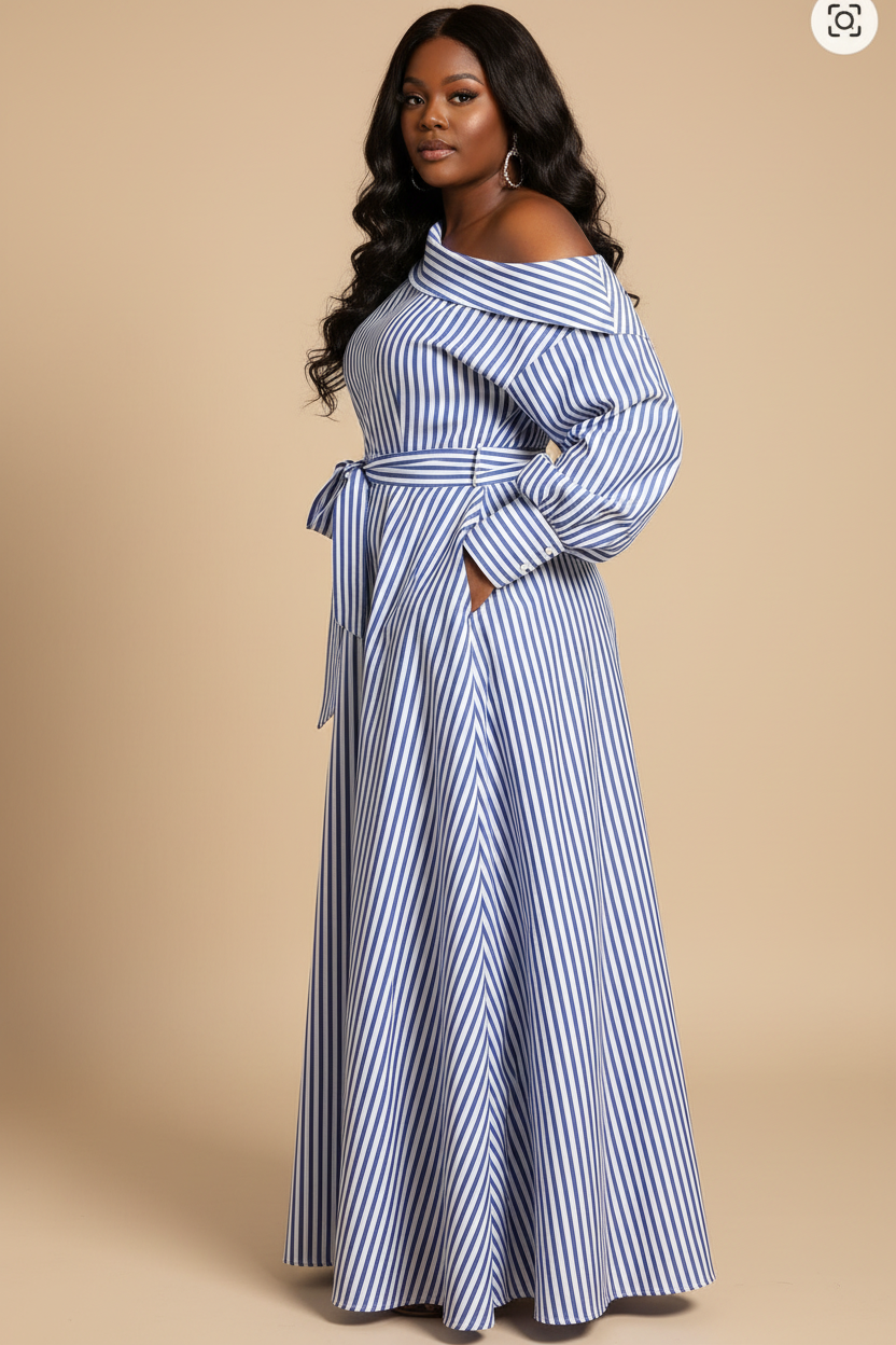 Blauw-witte gestreepte maxi jurk - zijkant