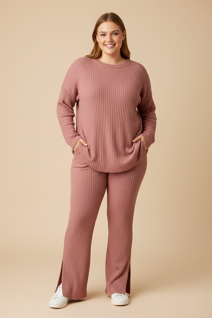 Roze ribgebreide matching set - voorkant