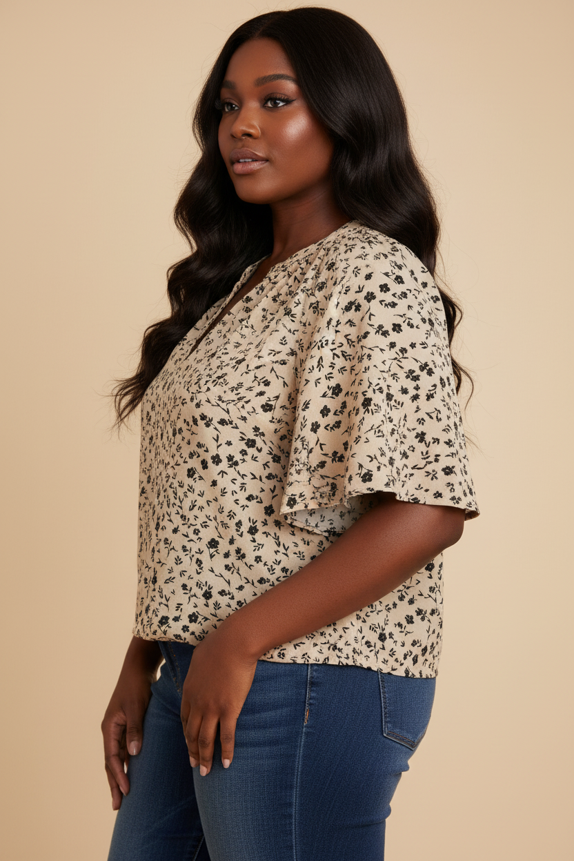 Beige ditsy bloemenprint blouse - zijkant