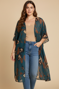 Blauwgroene bloemen kimono - voorkant