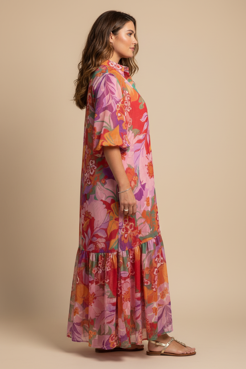 Kleurrijke tropische bloemen maxi jurk - zijkant