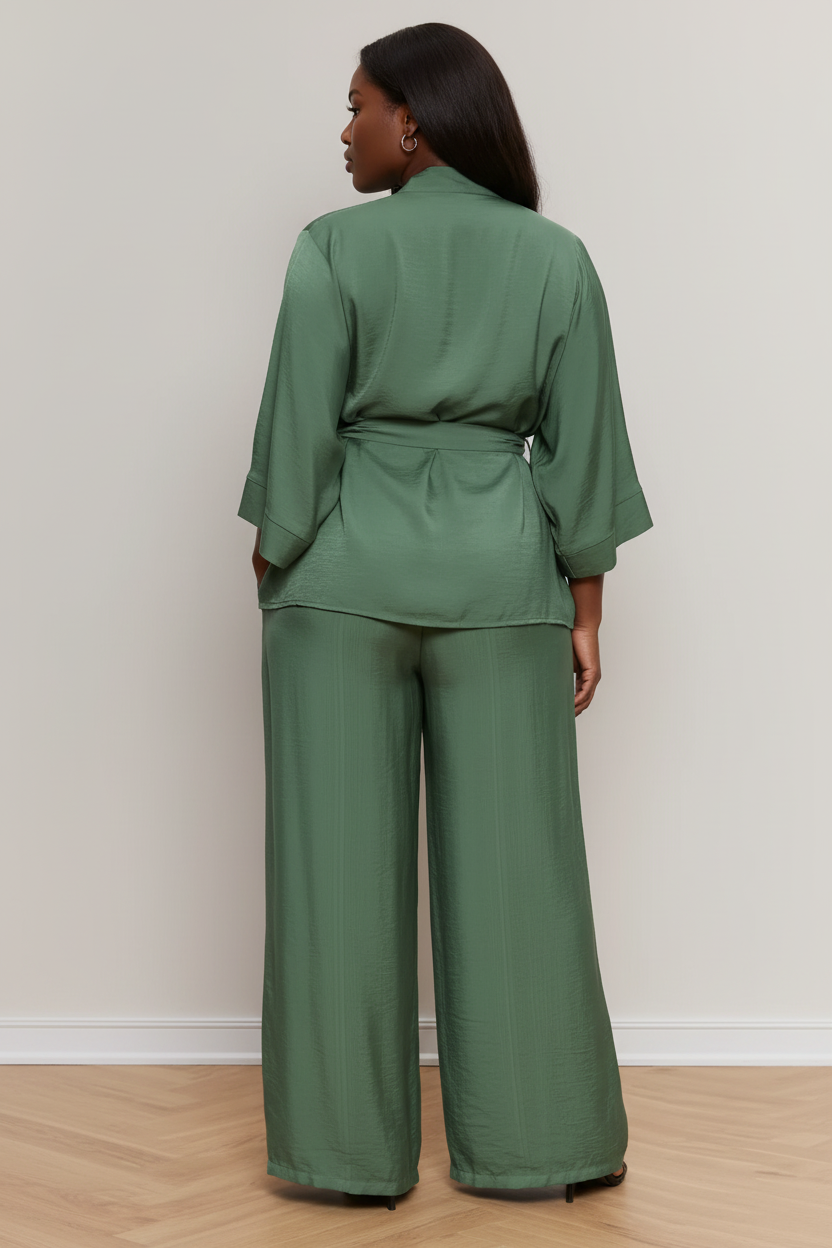 Groene satijnen set met kimono top - achterkant