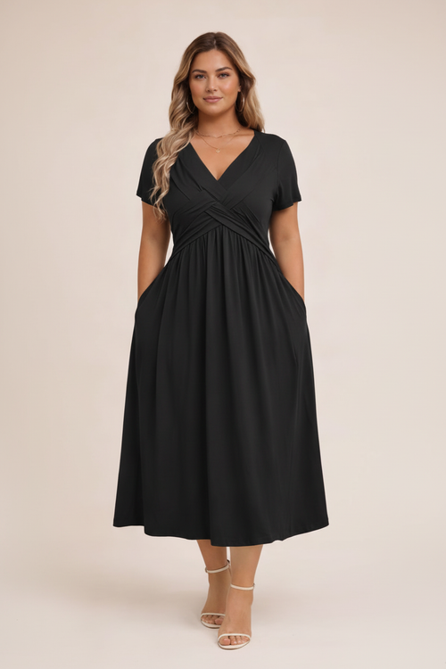 Elegante Zwarte Midi Jurk - Vooraanzicht