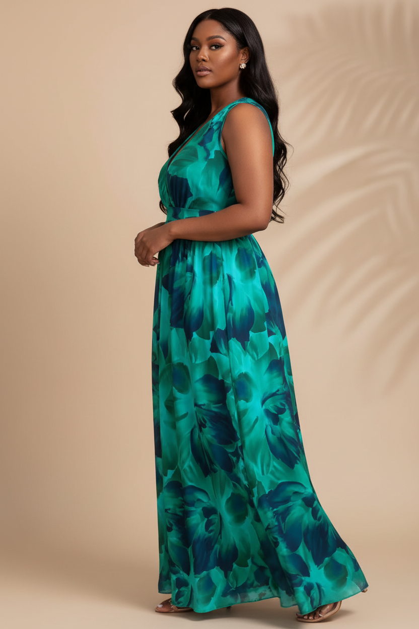 Turquoise maxi jurk met bloemenprint - zijkant
