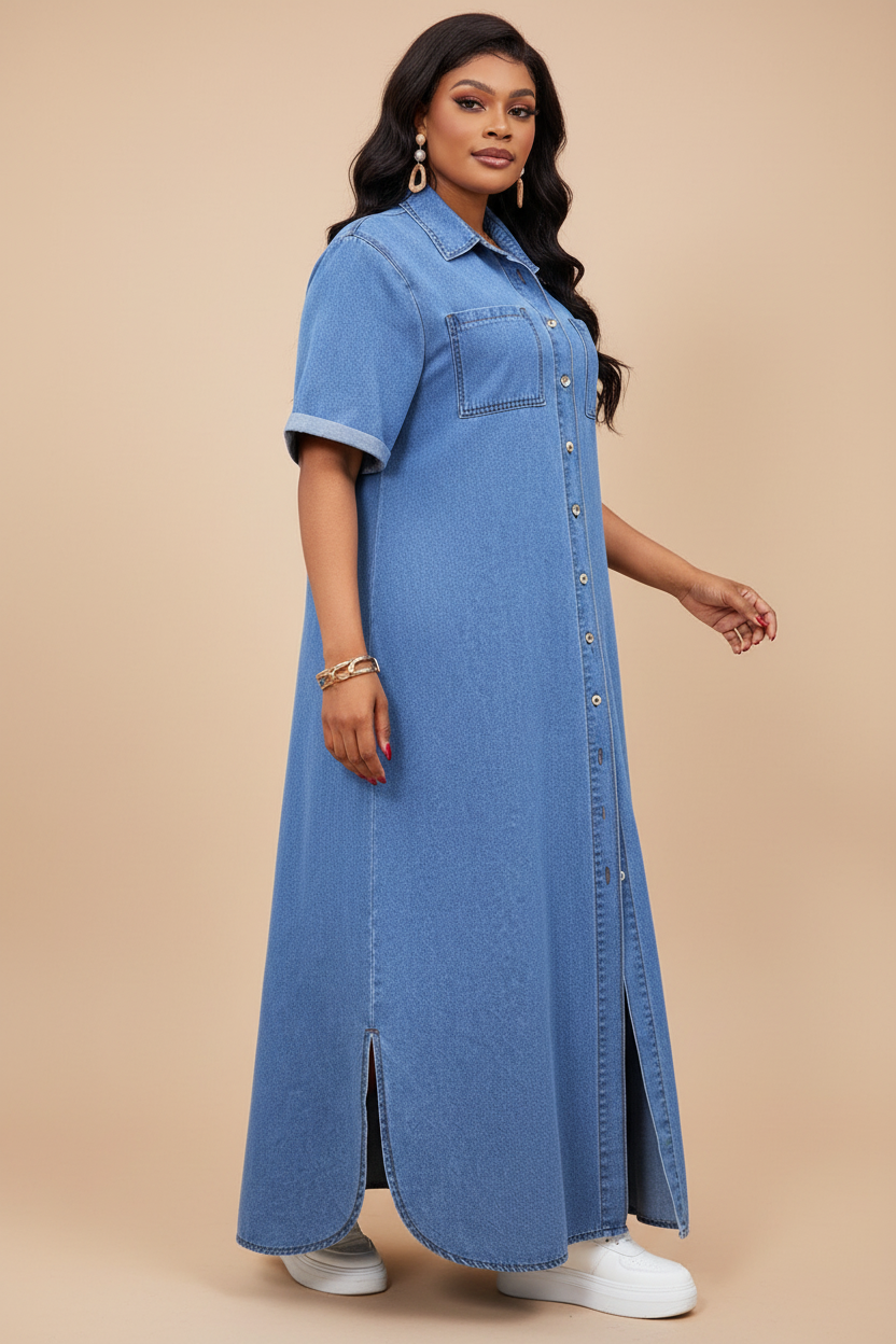 Denim Maxi Blousejurk - Zijaanzicht