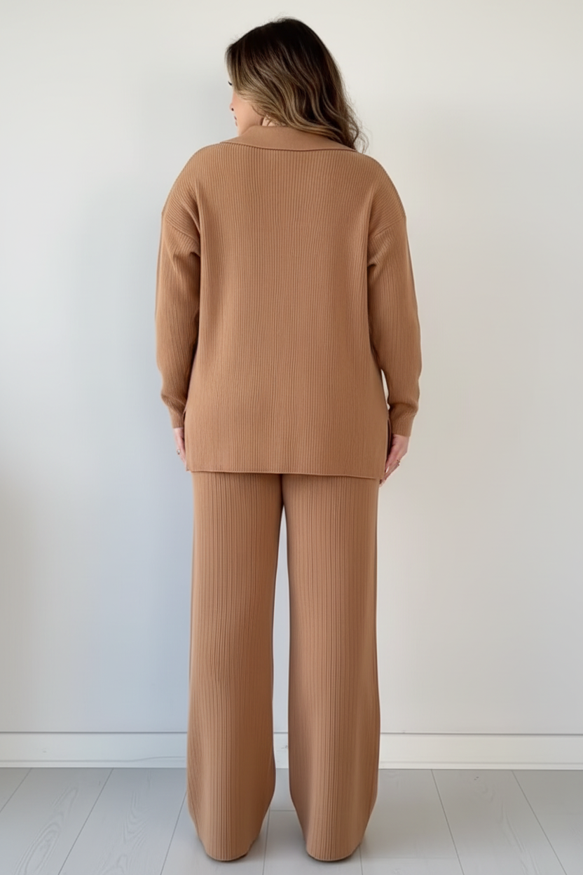 Camel ribgebreide loungewear set - achterkant