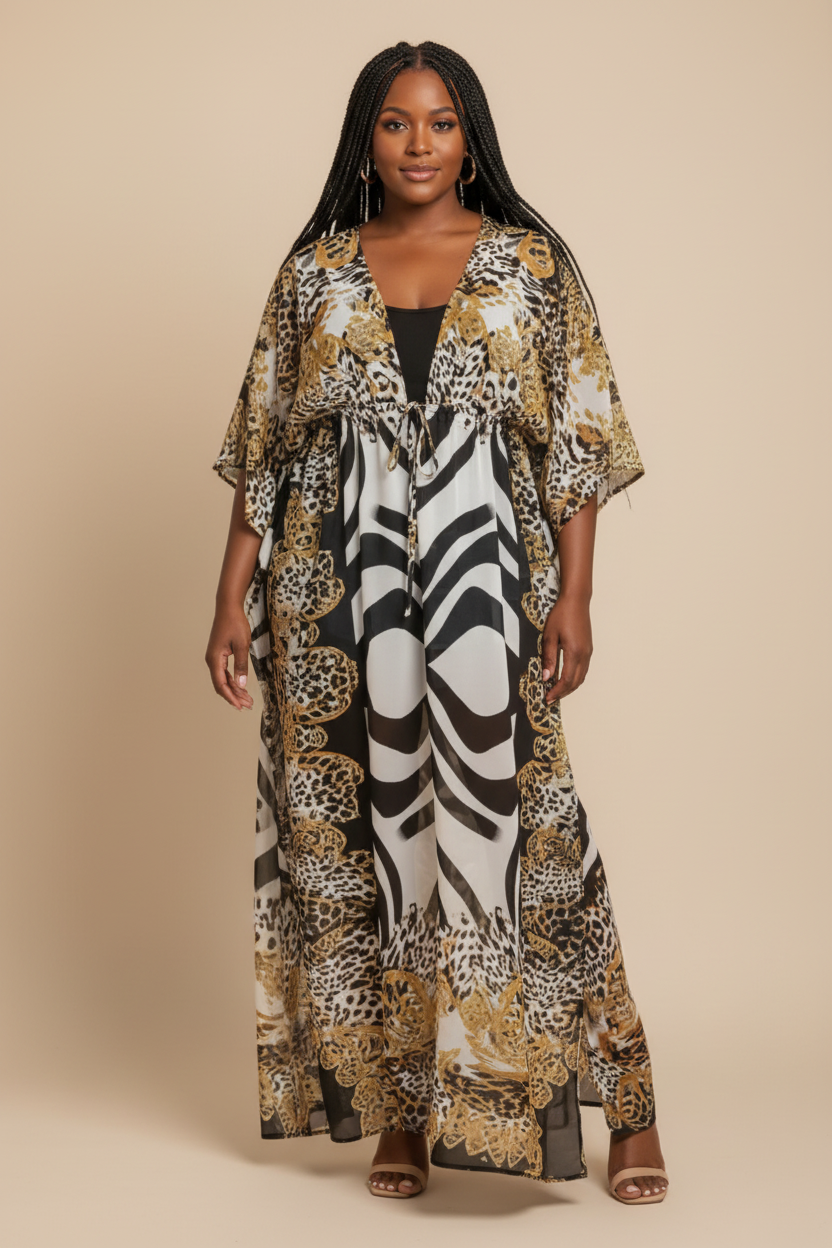 Kaftan met zebra en luipaard print - voorkant