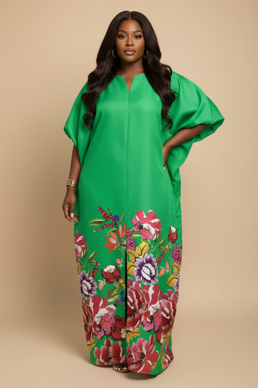 Felgroene kaftan maxi jurk - voorkant