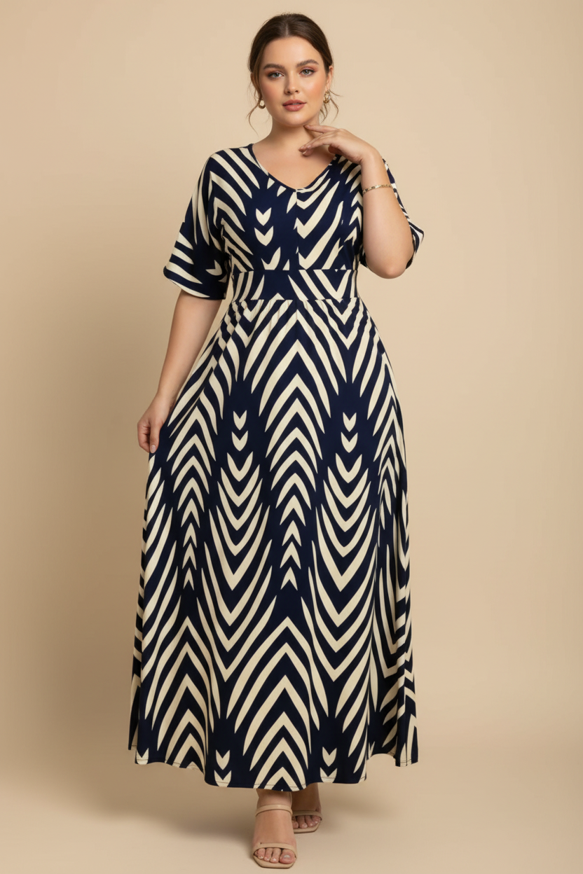 Navy blauwe maxi jurk met chevron print - voorkant