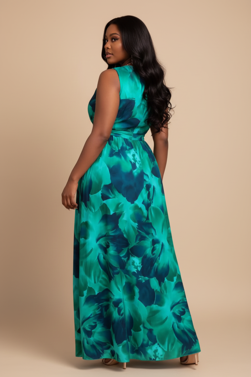 Turquoise maxi jurk met bloemenprint - achterkant