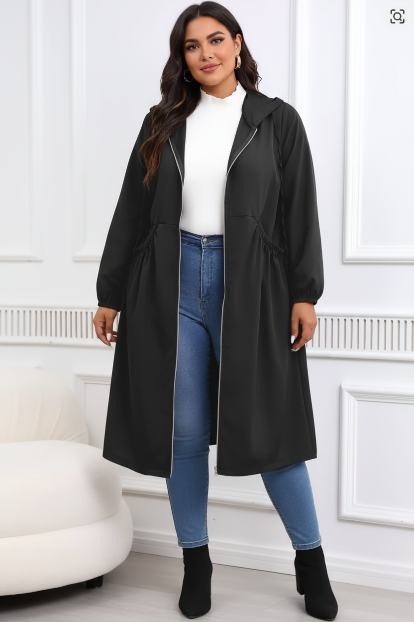 Zwarte hooded trenchcoat - voorkant