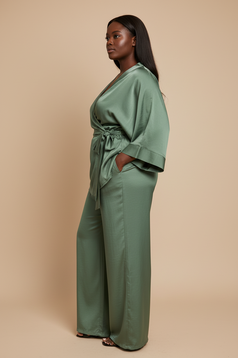 Groene satijnen set met kimono top - zijkant