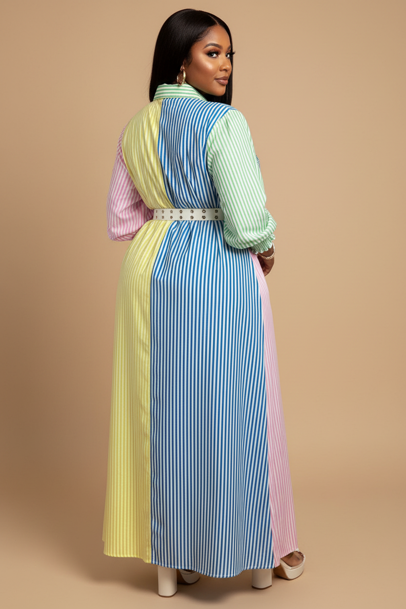 Kleurrijke gestreepte maxi blousejurk - achterkant