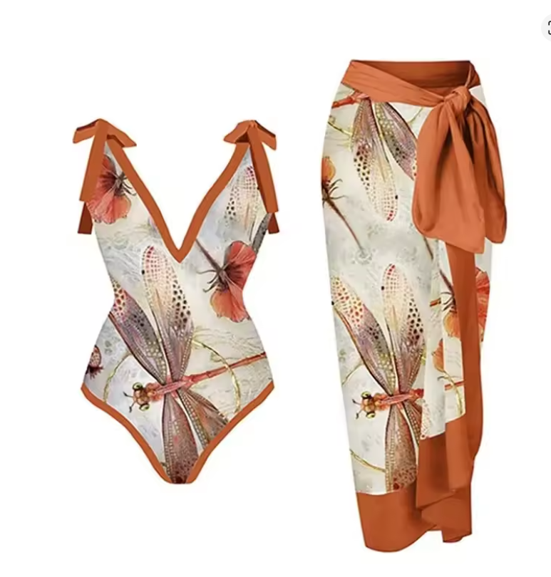 Libelle Print Badpak met Sarong en Oranje Details