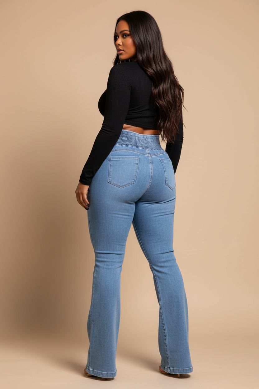 Lichtblauwe flared jeans - achterkant model