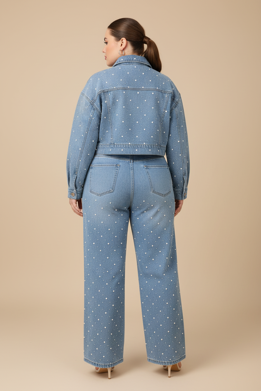 Lichtblauwe denim set met parels - achterkant