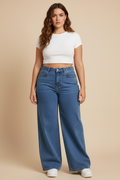 Medium blauwe wide-leg jeans - voorkant model