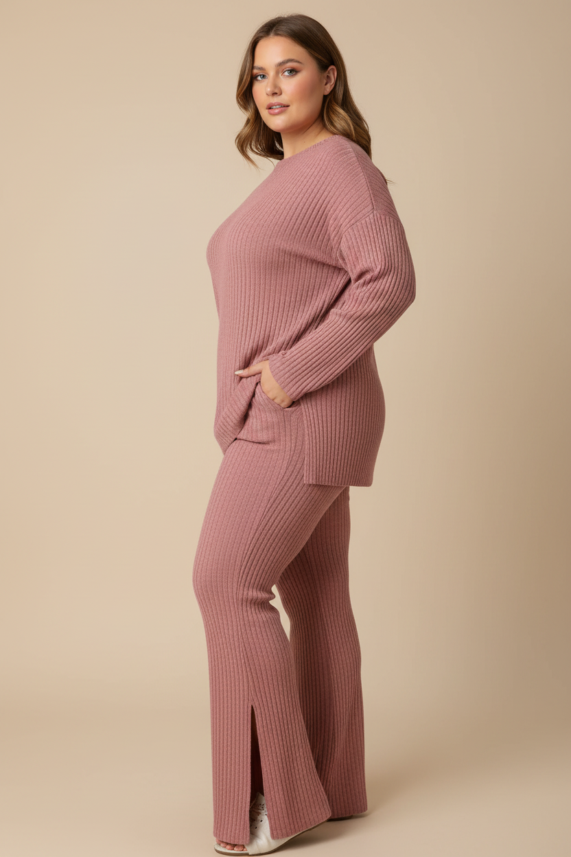 Roze ribgebreide matching set - zijkant