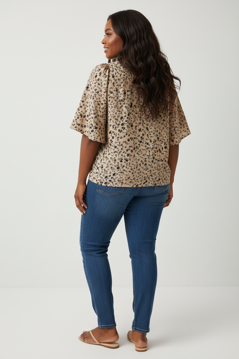 Beige ditsy bloemenprint blouse - achterkant