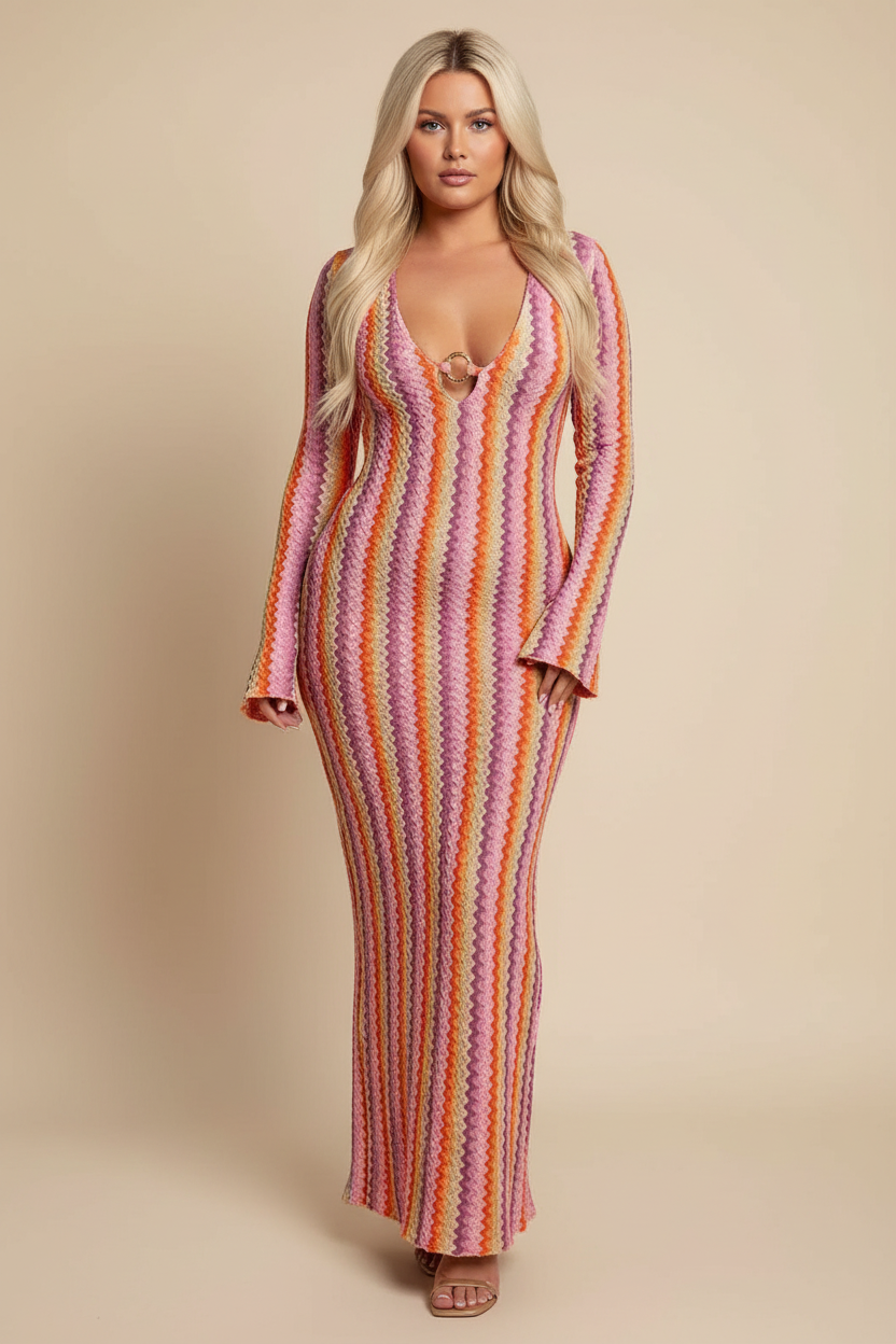 Multicolor zigzag gebreide maxi jurk - voorkant