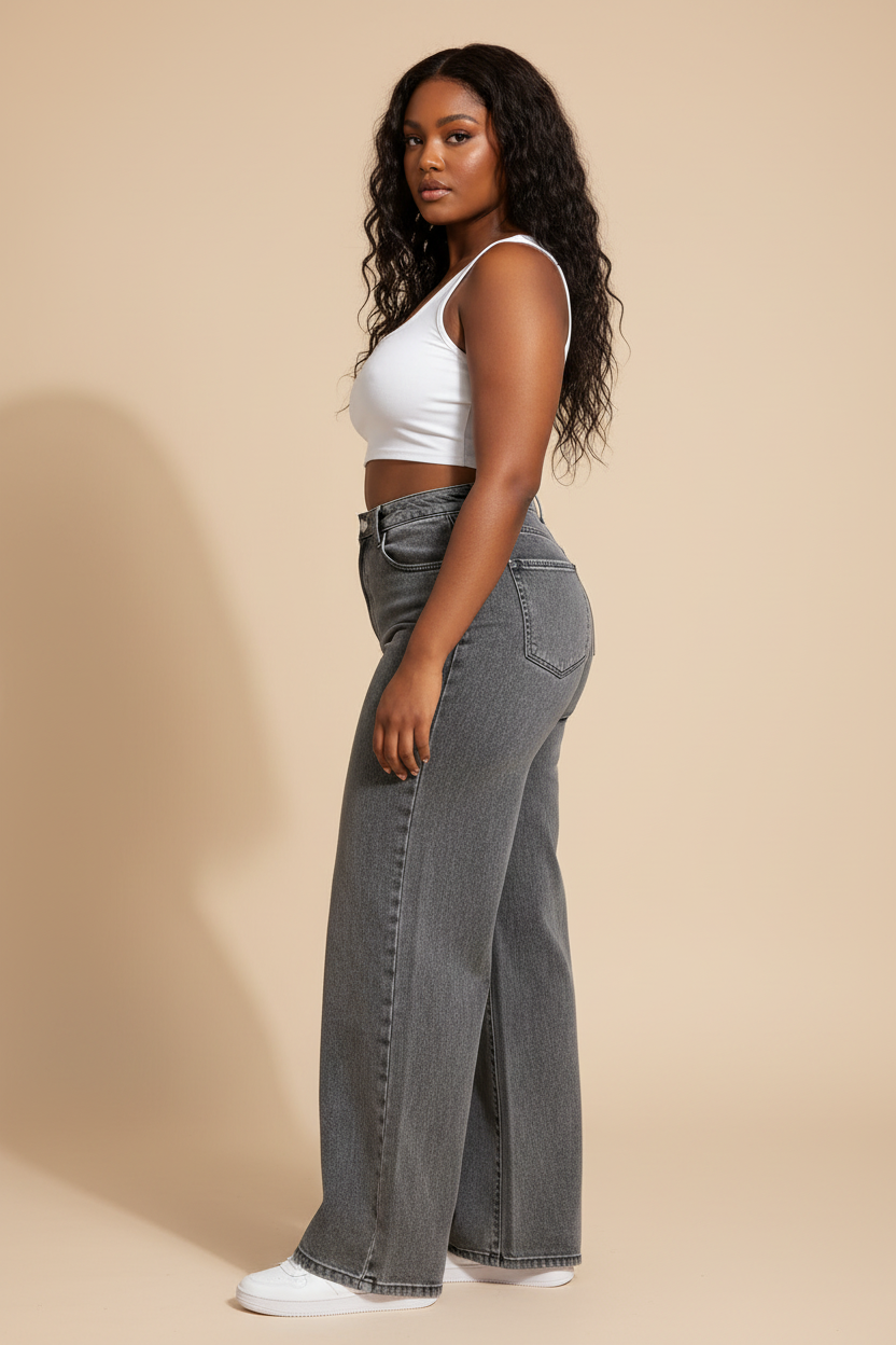 Grijze acid wash wide-leg jeans - zijkant