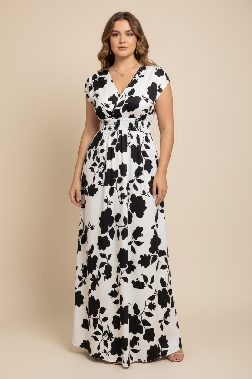 Zwart-witte maxi jurk met bloemenprint - voorkant