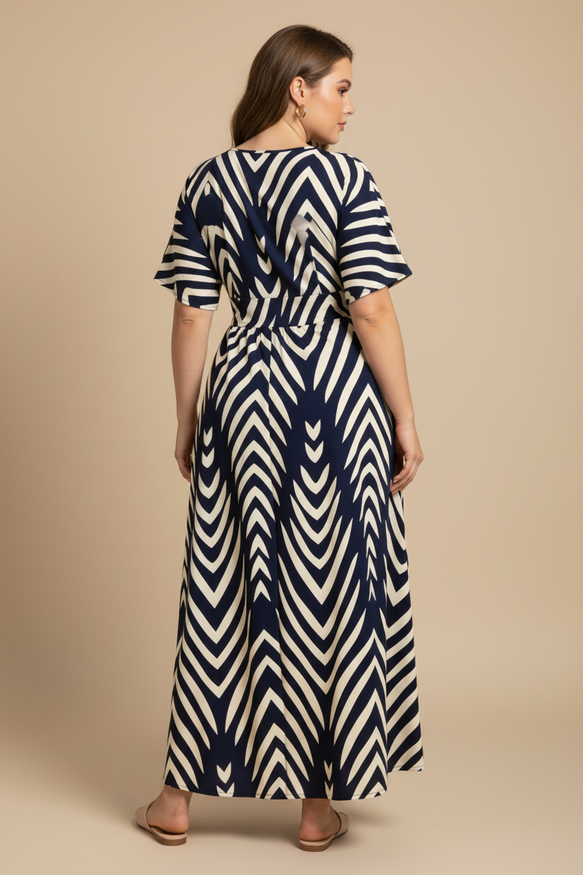 Navy blauwe maxi jurk met chevron print - achterkant