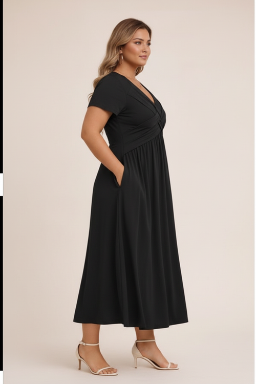 Elegante Zwarte Midi Jurk - Zijaanzicht