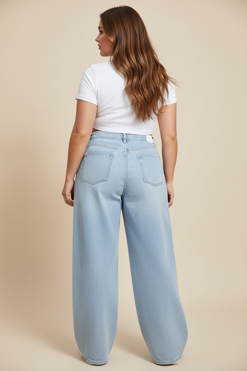 Lichtblauwe ultra wide baggy jeans - achterkant model
