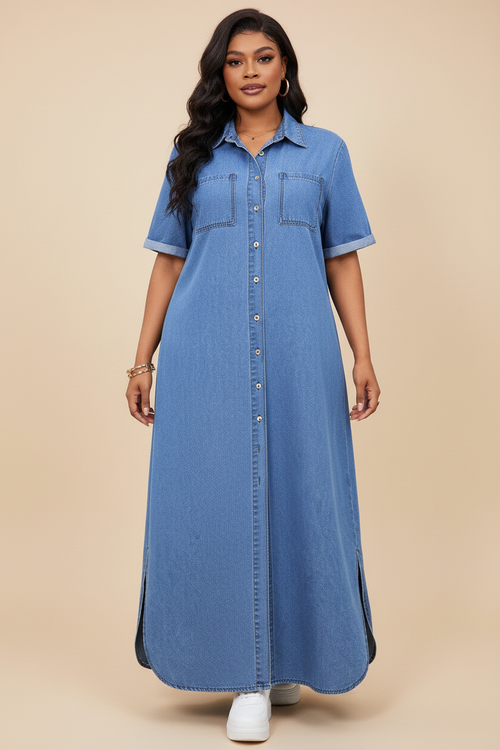 Denim Maxi Blousejurk - Vooraanzicht