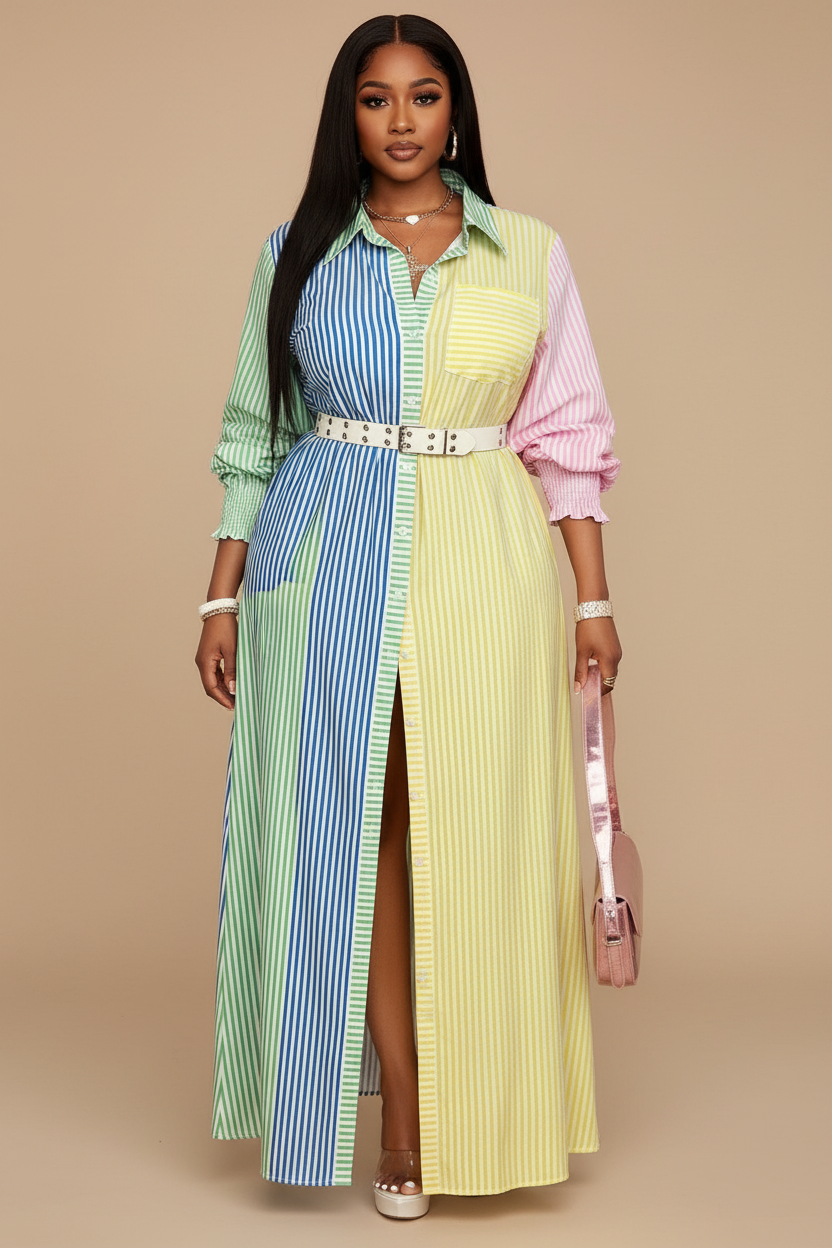 Kleurrijke gestreepte maxi blousejurk - voorkant