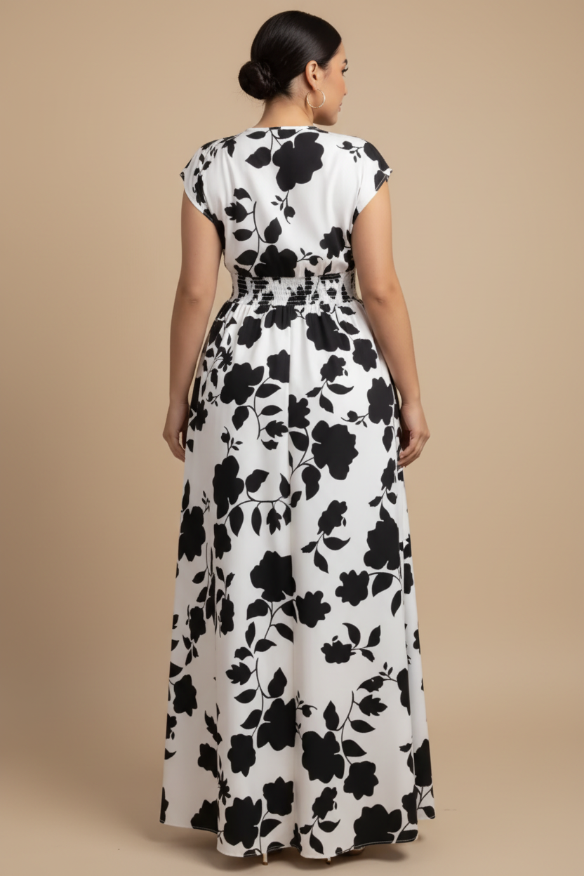 Zwart-witte maxi jurk met bloemenprint - achterkant
