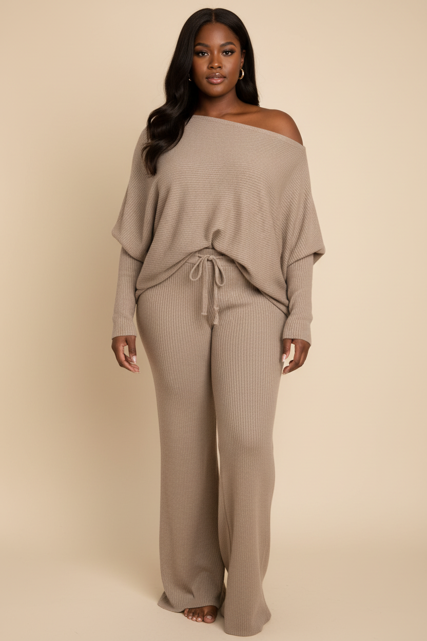 Beige gebreide loungewear set - voorkant