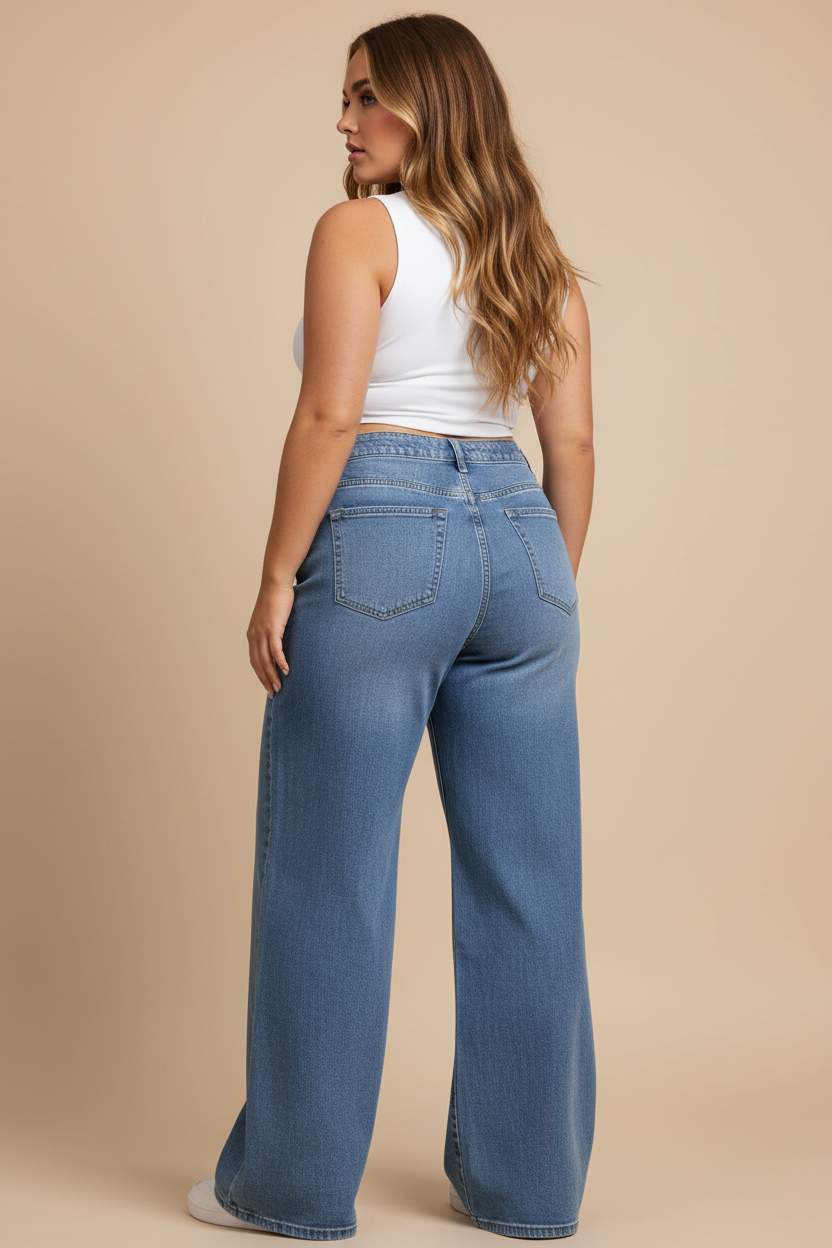 Medium blauwe wide-leg jeans - achterkant model