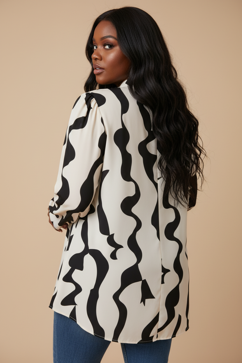 Crème zwarte abstracte blouse - achterkant model