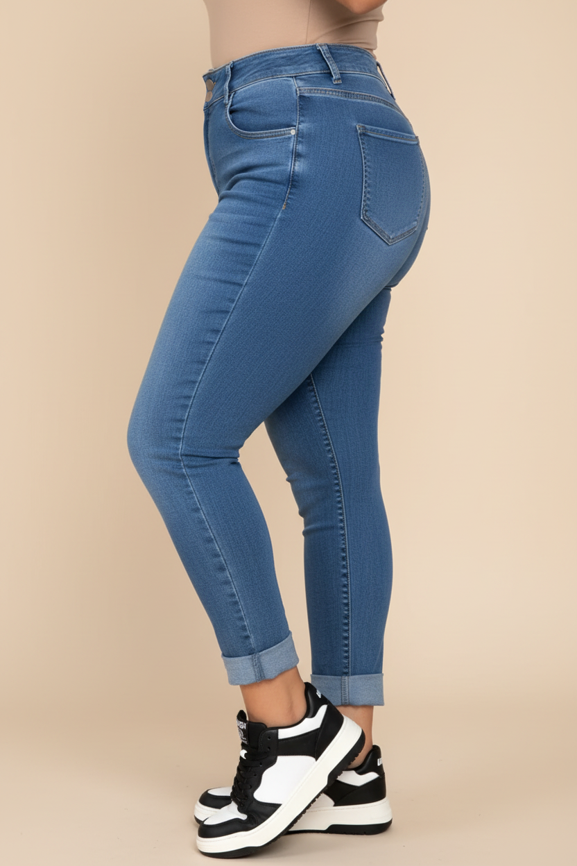 Medium blauwe stretch jeans met butt lift - zijkant