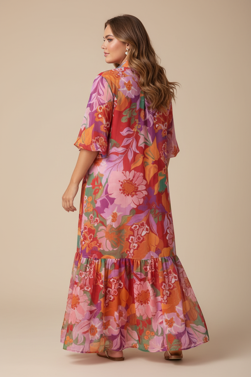 Kleurrijke tropische bloemen maxi jurk - achterkant