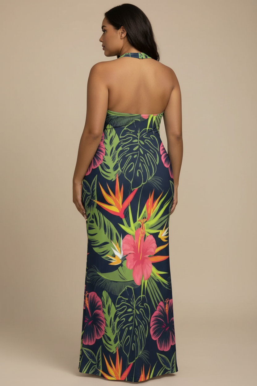 Tropische print maxi jurk - achterkant