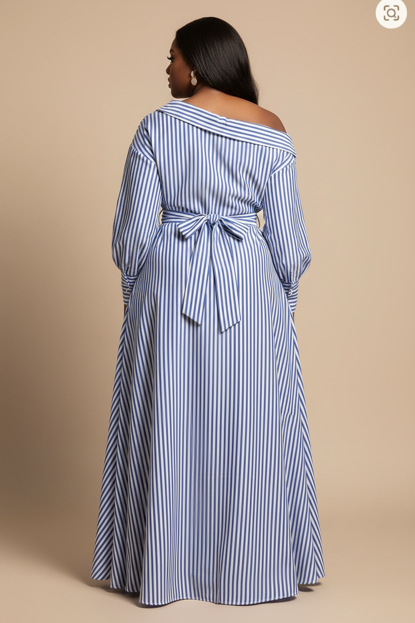 Blauw-witte gestreepte maxi jurk - achterkant