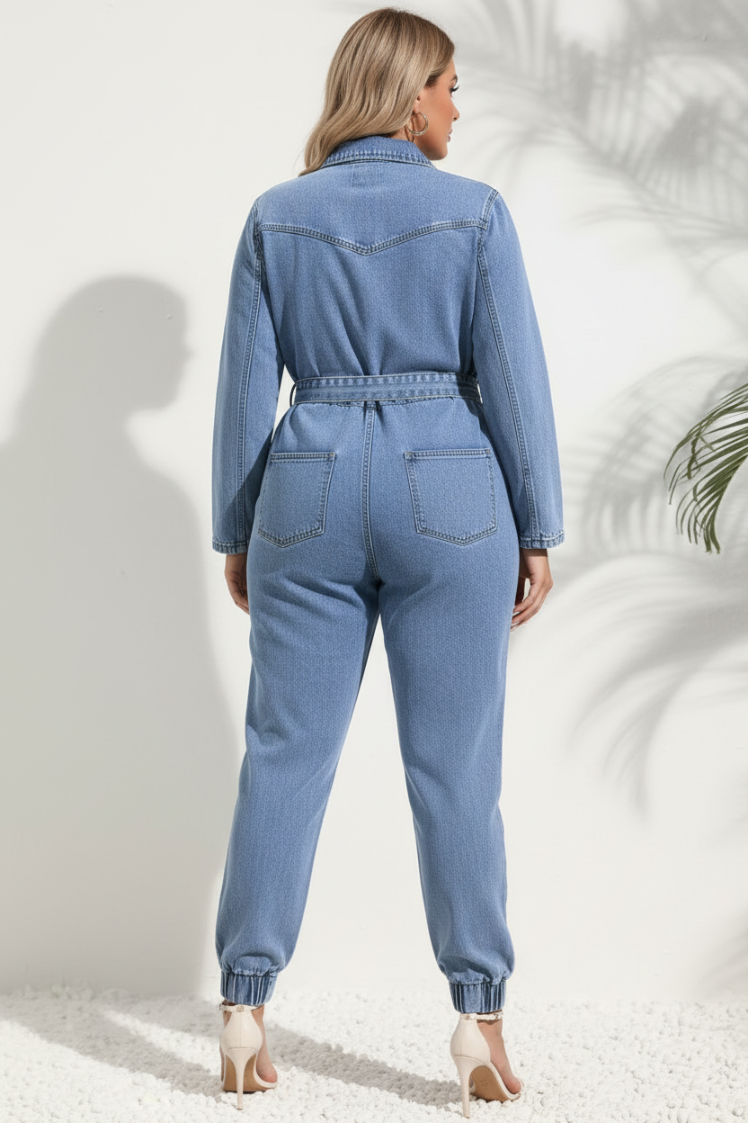 Achterkant denim jumpsuit met curvy model