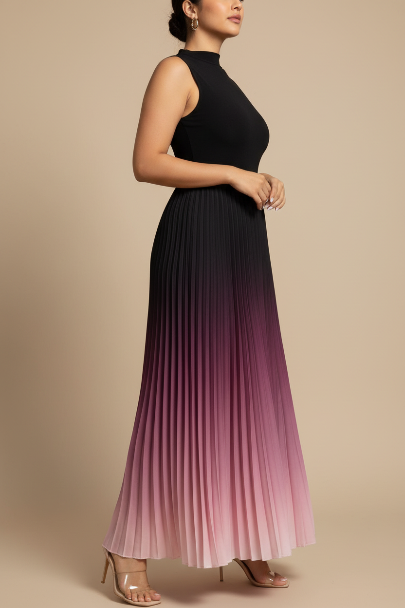 Ombré plissé maxi jurk zwart naar roze - zijkant