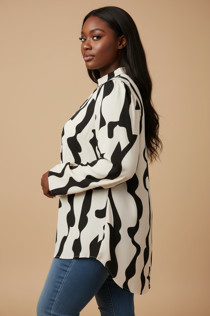 Crème zwarte abstracte blouse - zijkant model