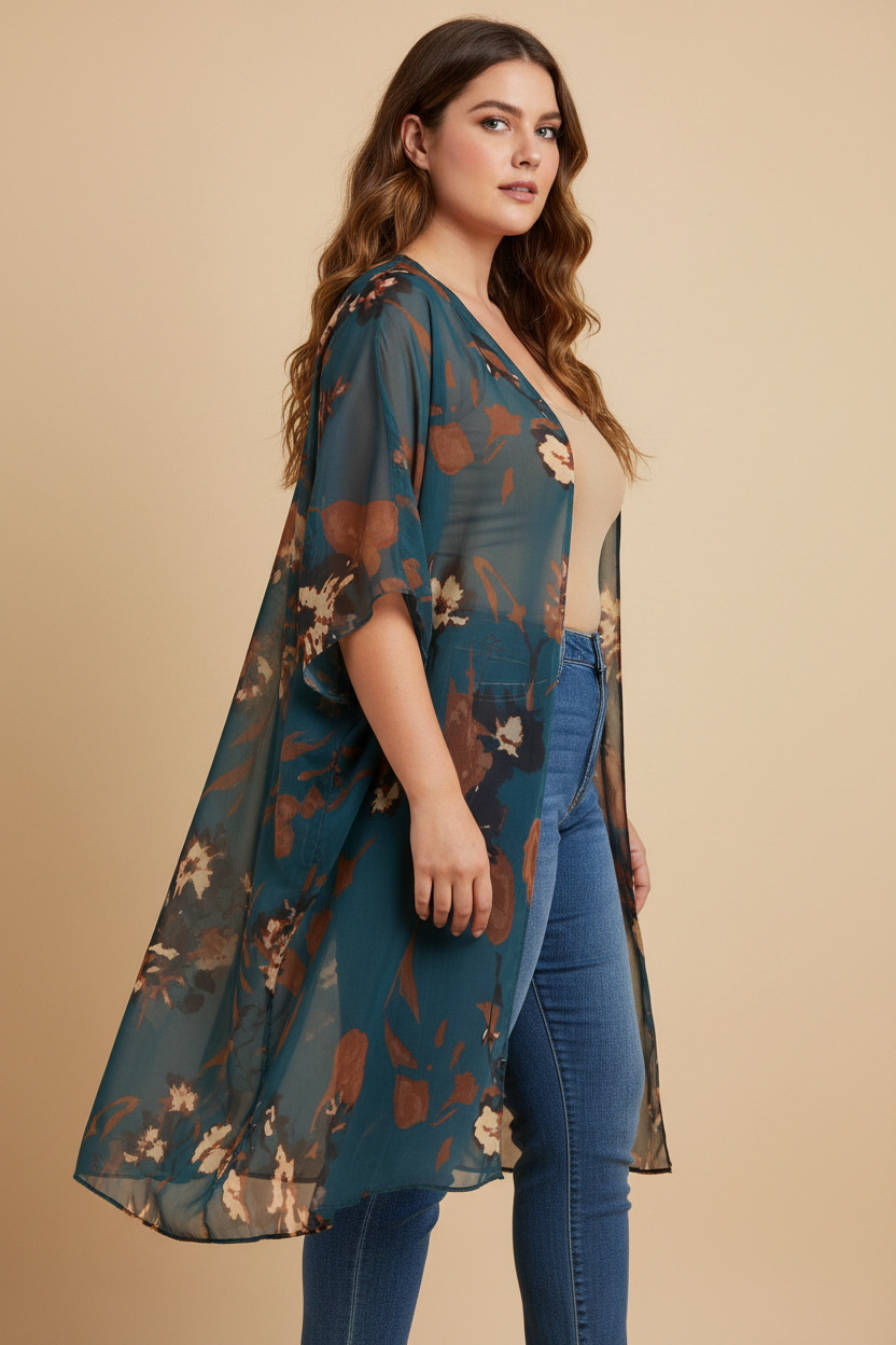 Blauwgroene bloemen kimono - zijkant