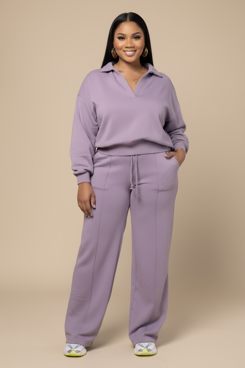 Lila loungewear set met polo kraag - voorkant
