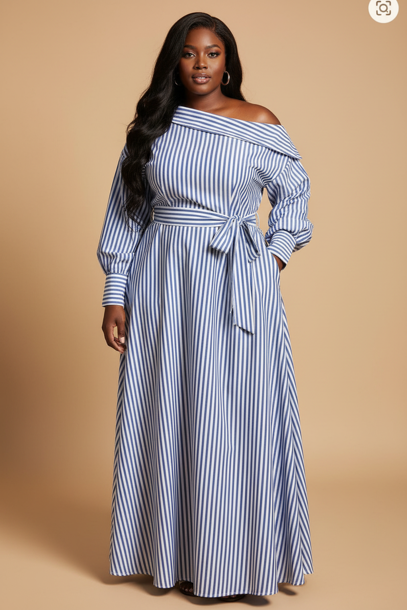Blauw-witte gestreepte maxi jurk - voorkant