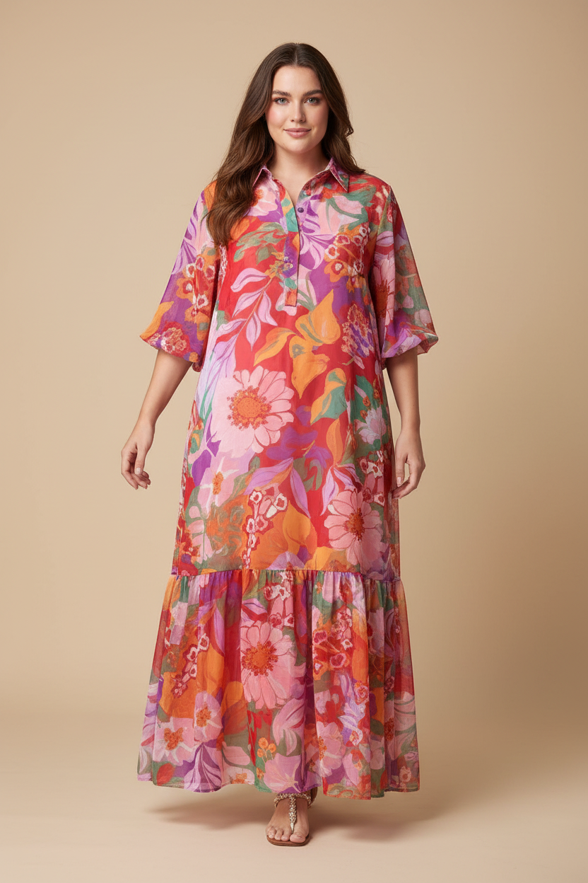 Kleurrijke tropische bloemen maxi jurk - voorkant