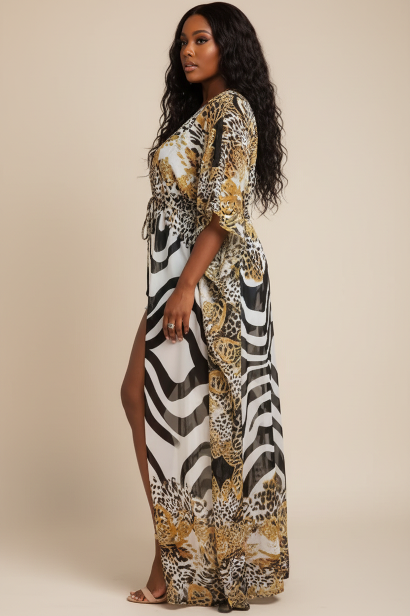 Kaftan met zebra en luipaard print - zijkant