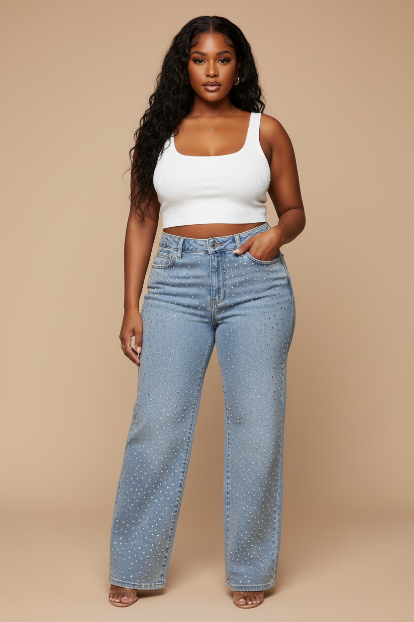 Rhinestone wide-leg jeans - voorkant model