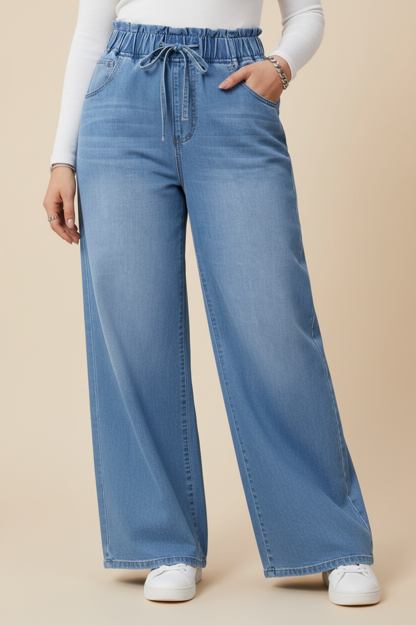Lichtblauwe wide-leg jeans met elastische taille - voorkant